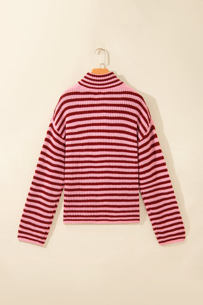Stripe Mock Neck Drop Shoulder Zip-Up Cardigan