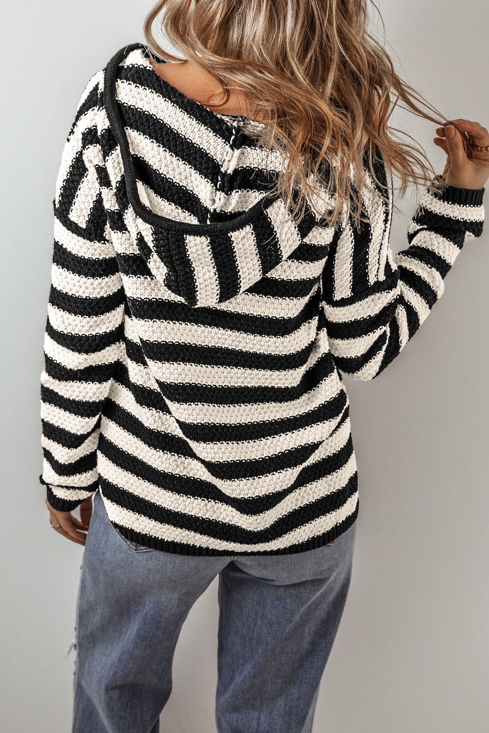 Stripe Drawstring Hooded V-Neck Sweater