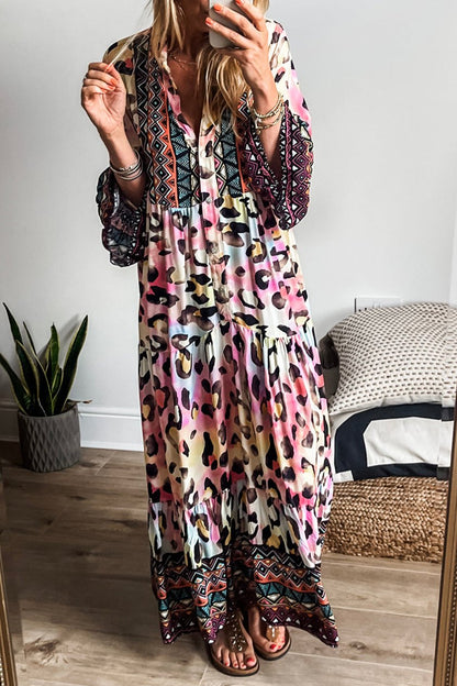 Leopard 3/4 Sleeve Tiered Maxi Dress