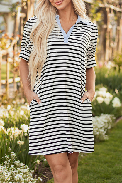 Stripe Patchwork V-Neck Collared Mini Dress