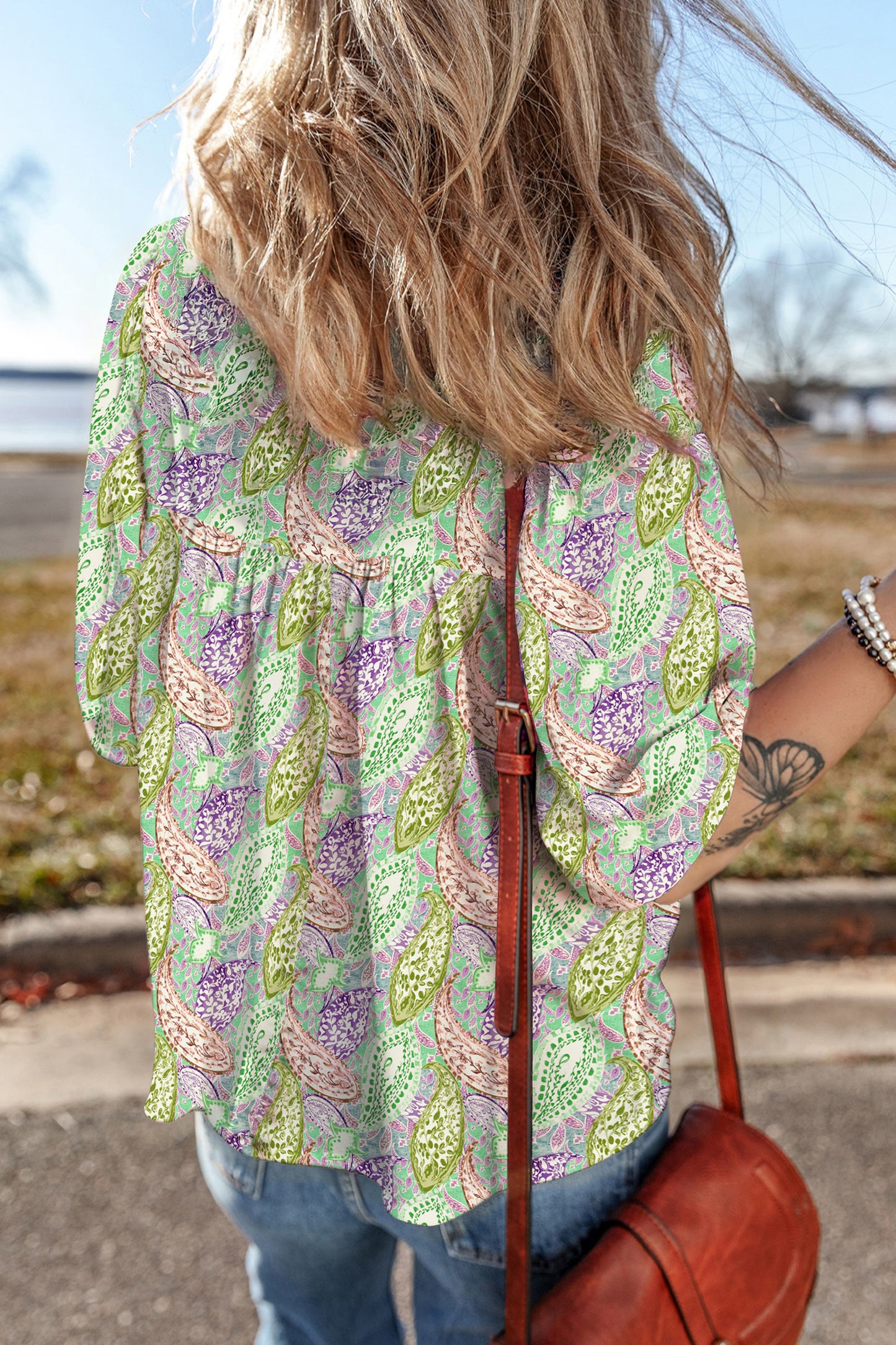 Boho Paisley Short Puff Sleeve V-Neck Blouse