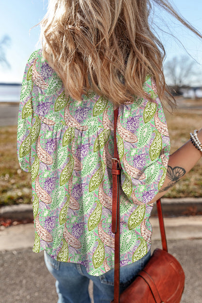 Boho Paisley Short Puff Sleeve V-Neck Blouse