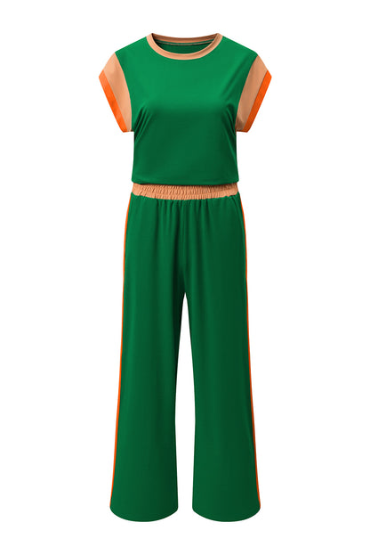 Colorblock Short Sleeve Top & Wide Leg Pants Set