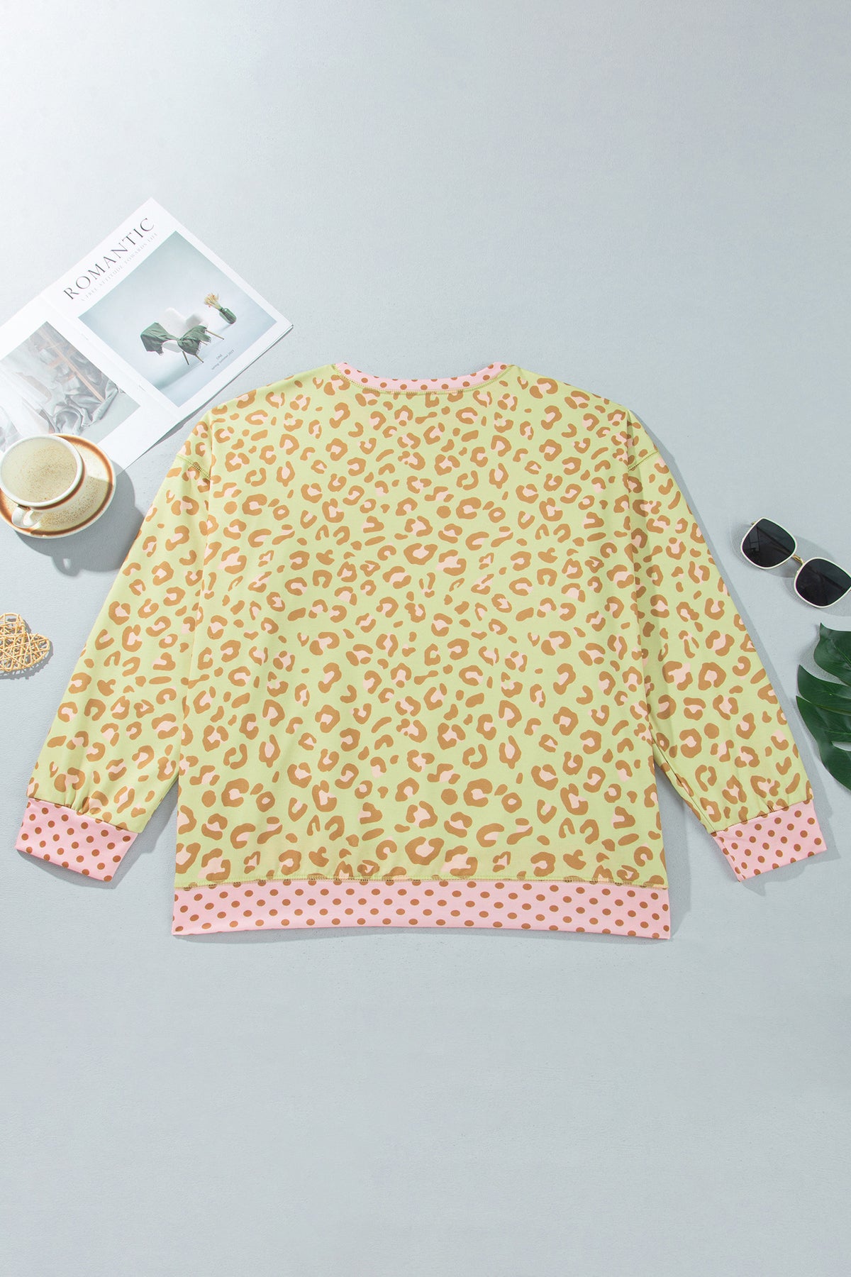 Plus Size Leopard Polka Dot Trim Long Sleeve Top