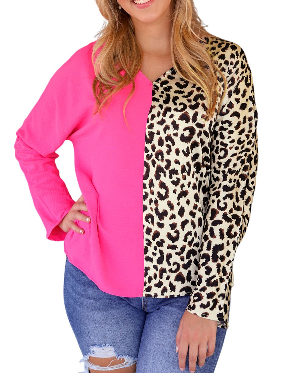 Leopard Colorblock Long Sleeve V-Neck Top