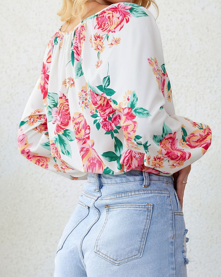 Floral Pleated Notch V-Neck Blouse