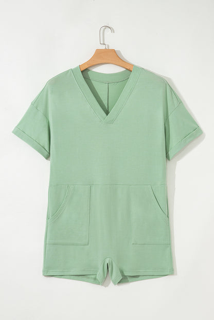 Solid Short Sleeve V-Neck Knit Romper
