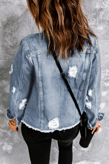 Denim Distressed Raw Hem Jacket