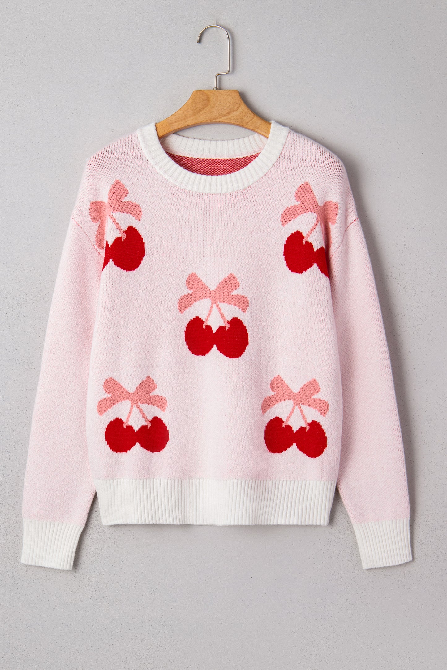 Valentine Bow Tie Cherry Drop Shoulder Sweater