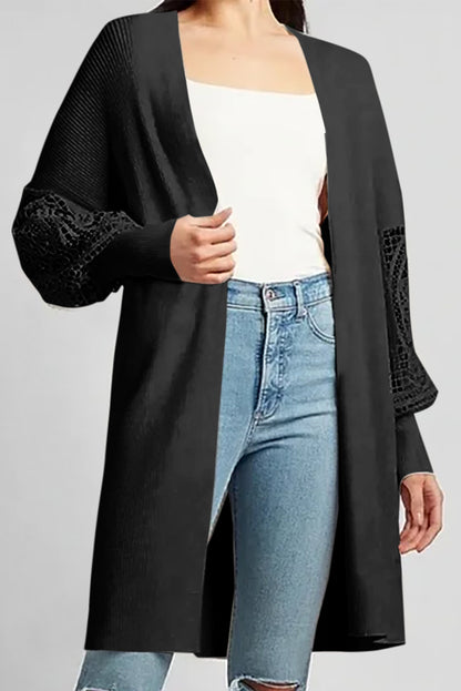 Ribbed Lace Bishop Sleeve Cardigan