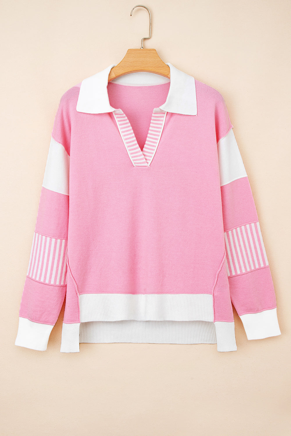 Stripe Colorblock Collared Drop Shoulder Sweater
