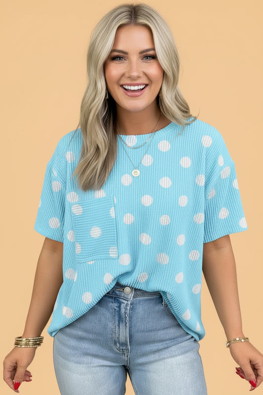 Polka Dot Patch Pocket Drop Shoulder Textured Top
