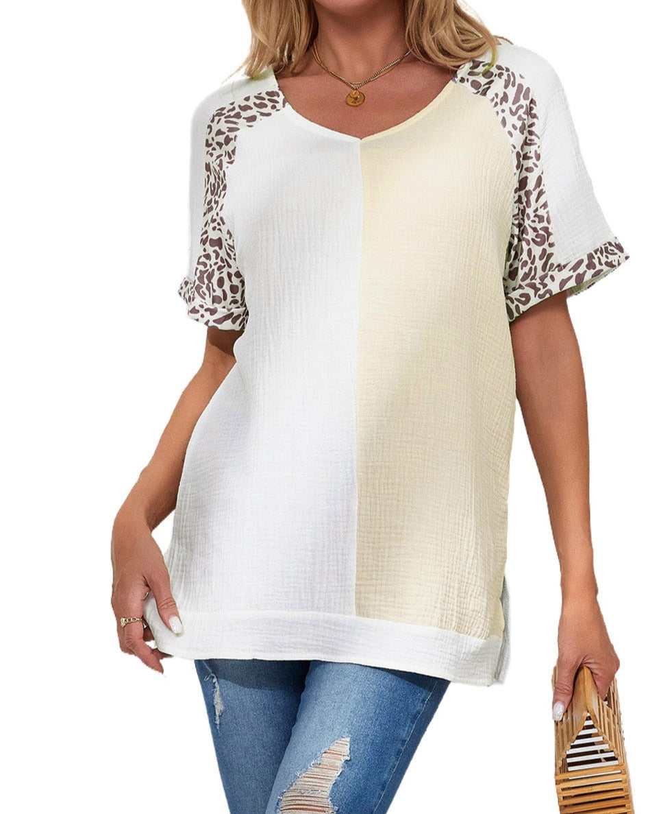 Leopard Colorblock Crinkle Gauze Blouse