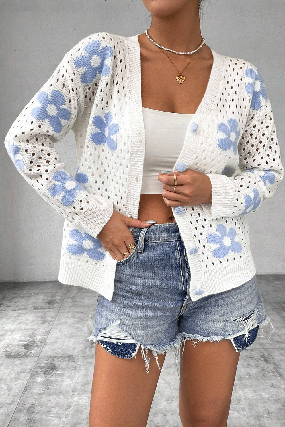 Floral Hollowed Knit Buttoned Cardigan