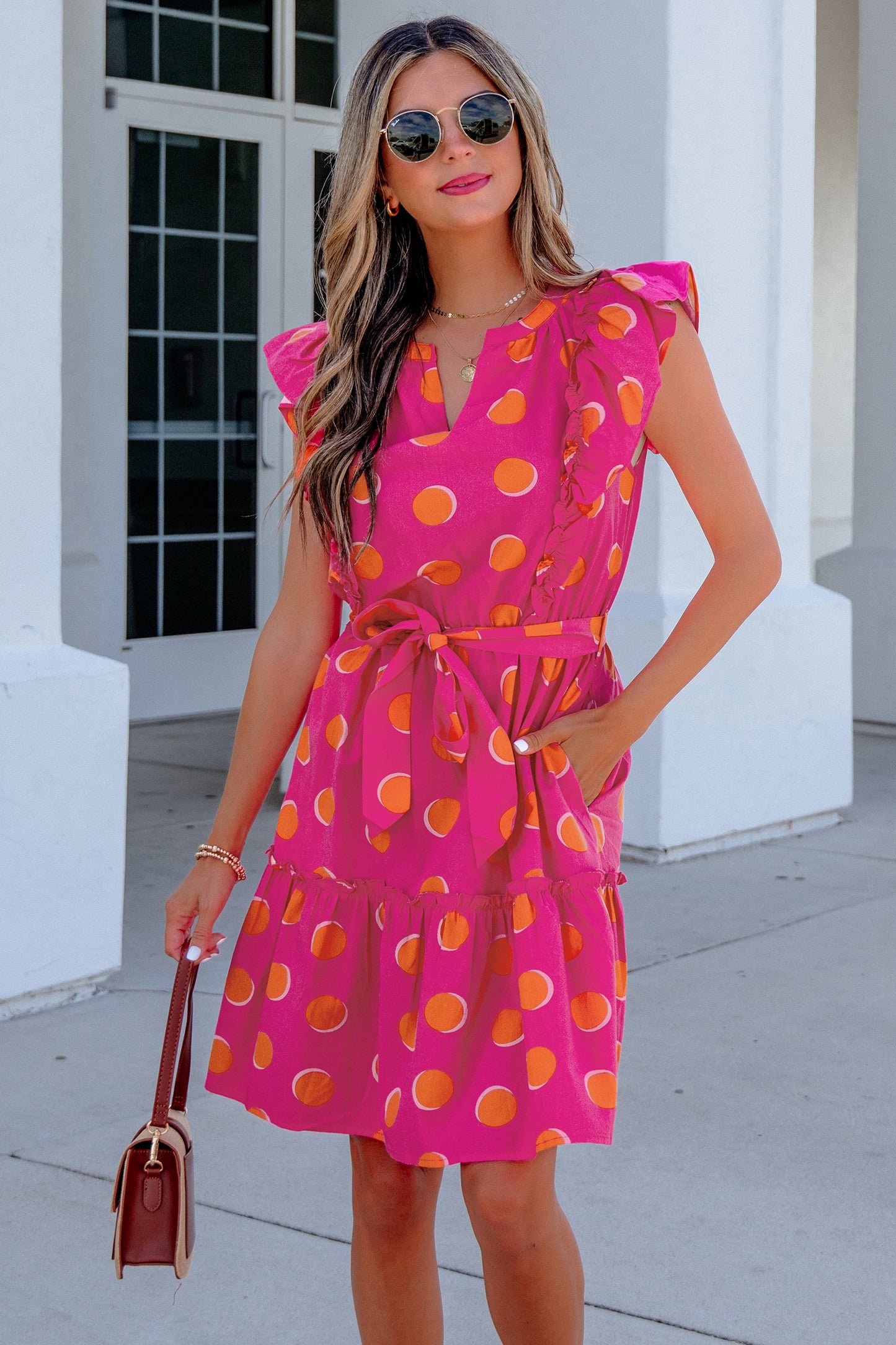 Polka Dot V-Neck Ruffle Belted Mini Dress