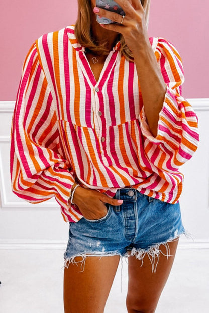 Stripe Balloon Sleeve V-Neck Blouse