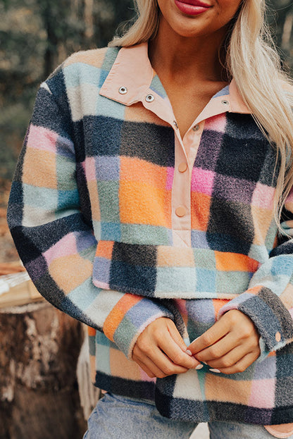 Plaid Half Button Collared Sweatshirt