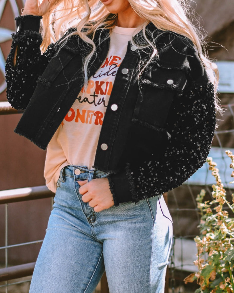 Sequin Denim Colorblock Pocketed Jacket