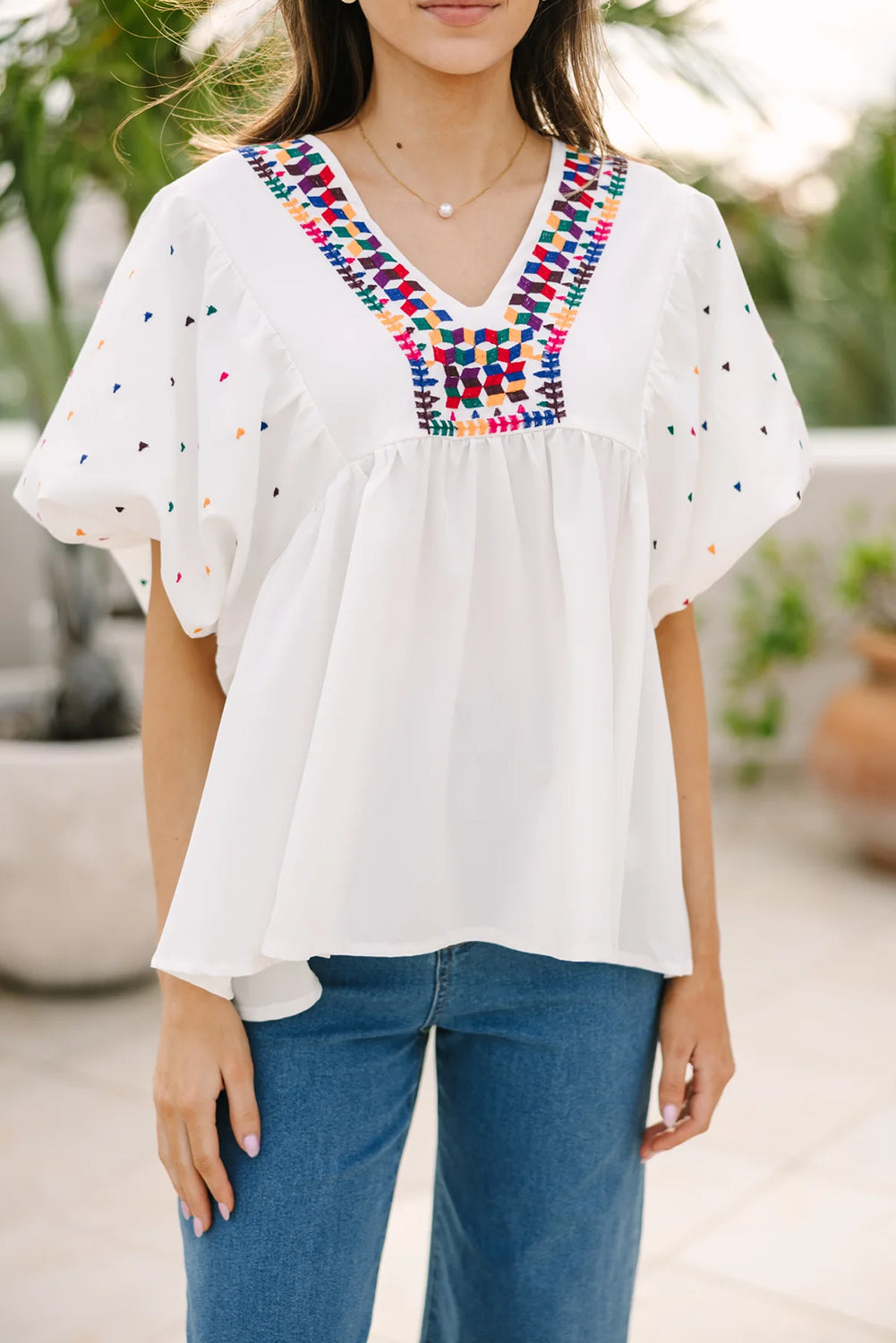 Geometric Puff Sleeve V-Neck Blouse