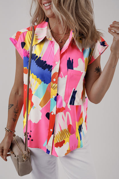 Abstract Cap Sleeve Buttoned Shirt