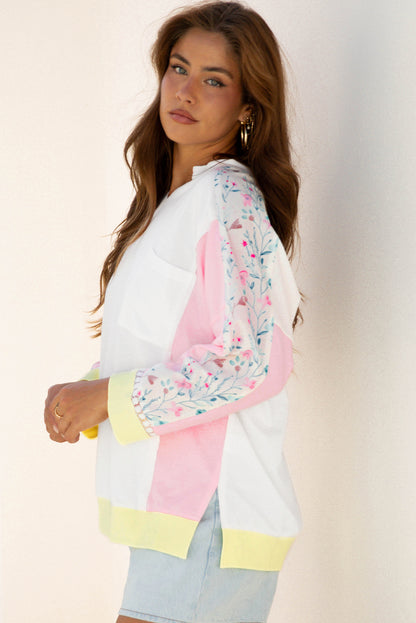 Floral Colorblock Patchwork Chest Pocket Long Sleeve Top