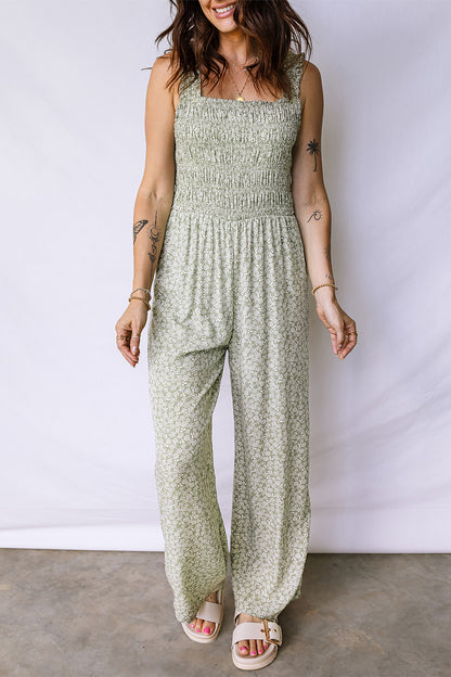 Floral Smocked Square Neck Sleeveless Jumpsuit