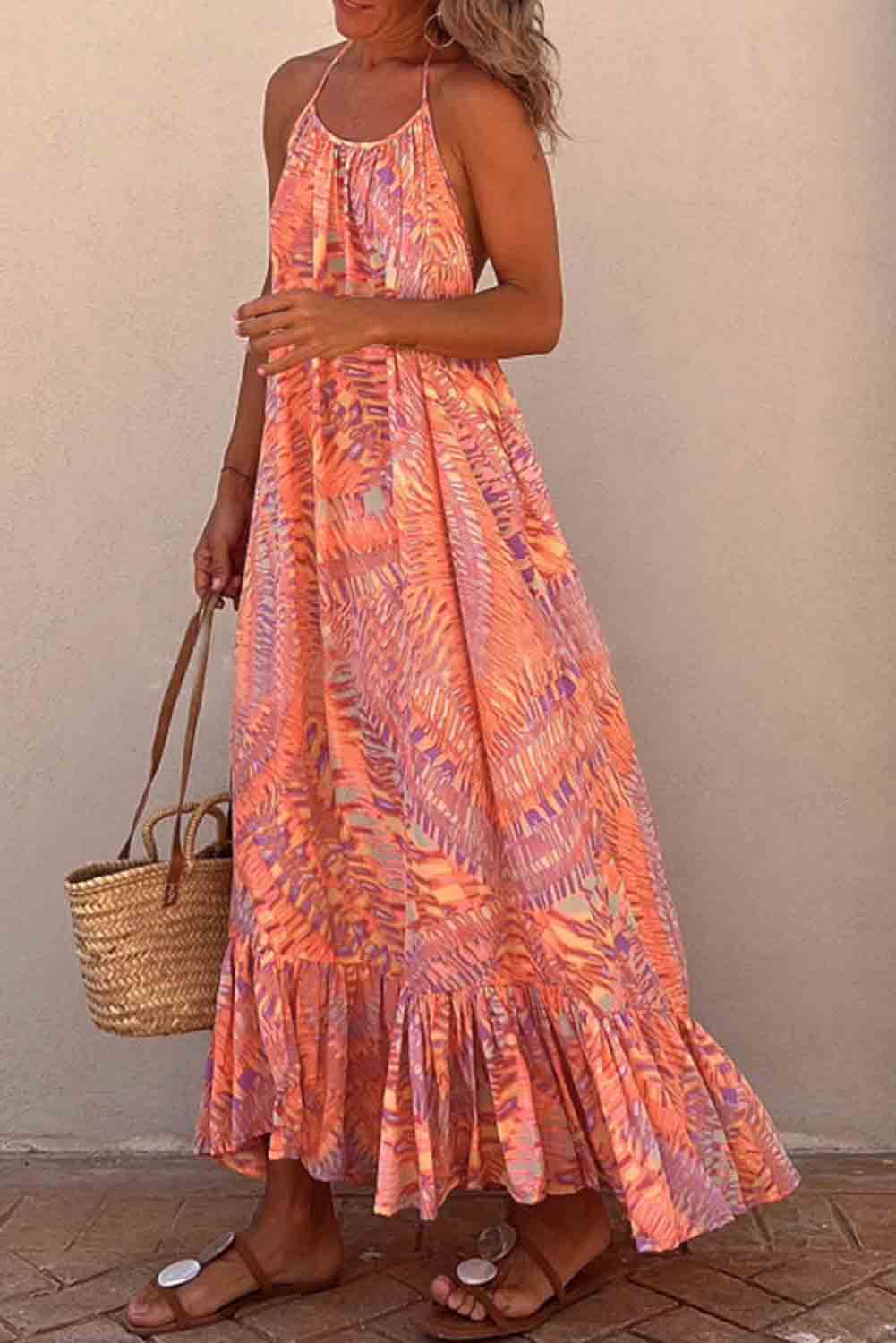 Abstract Halterneck Ruffle Maxi Dress