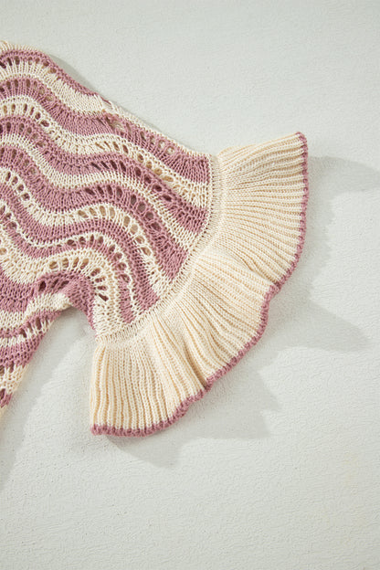 Wavy Stripe Ruffle 3/4 Sleeve Crochet Sweater