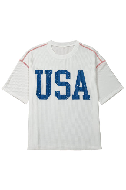 USA Corded Knit Short Sleeve Graphic Top