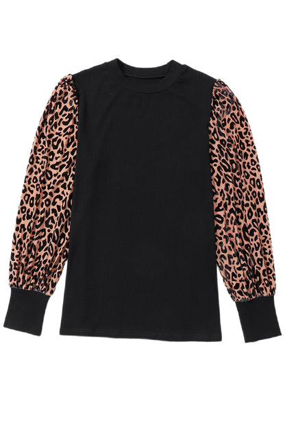 Leopard Ribbed Long Sleeve Blouse