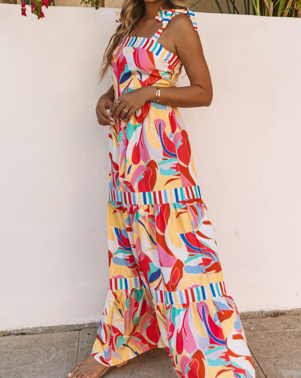 Abstract Stripe Trim Maxi Sundress