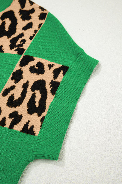 Leopard Checker Short Sleeve Knit Sweater
