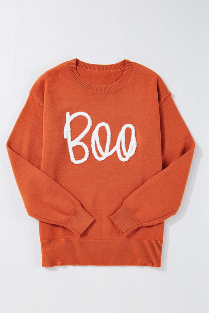 Halloween Boo Drop Shoulder Ribbed Trim Sweater