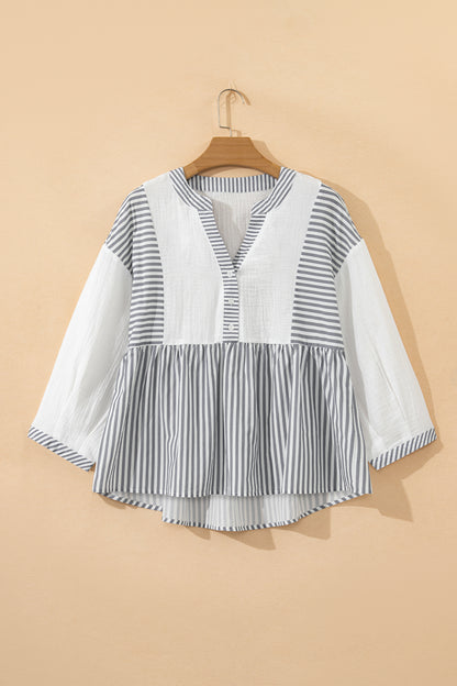 Stripe Gauze Patchwork Half Buttoned Babydoll Blouse