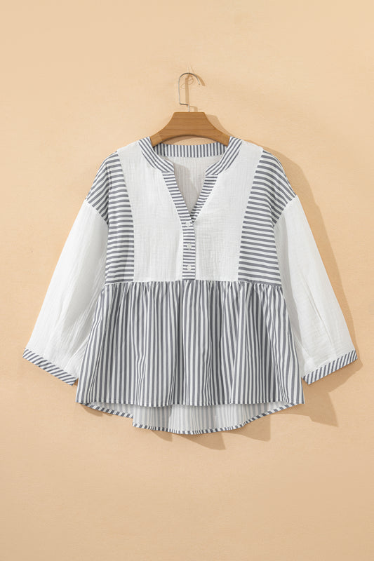 Stripe Gauze Patchwork Half Buttoned Babydoll Blouse