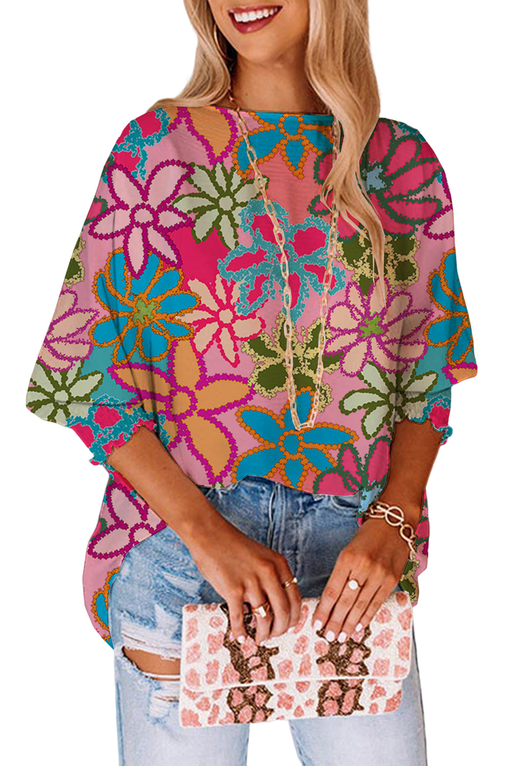 Pop of Floral Ruffle Sleeve Top