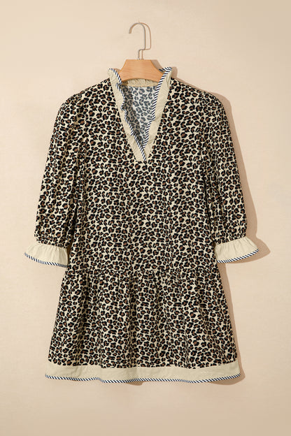 Leopard Stripe Colorblock Trim V-Neck Mini Dress