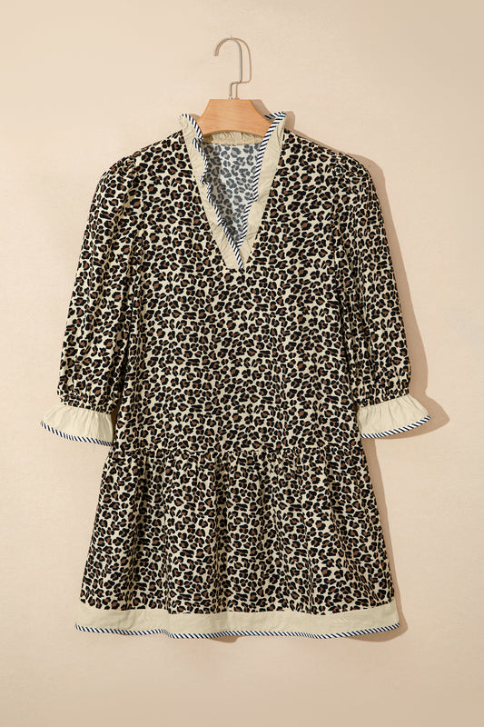 Leopard Stripe Colorblock Trim V-Neck Mini Dress