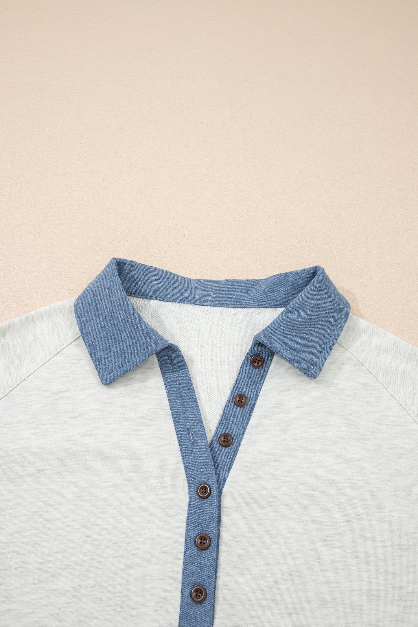 Denim Patchwork Polo Collar Long Sleeve Top