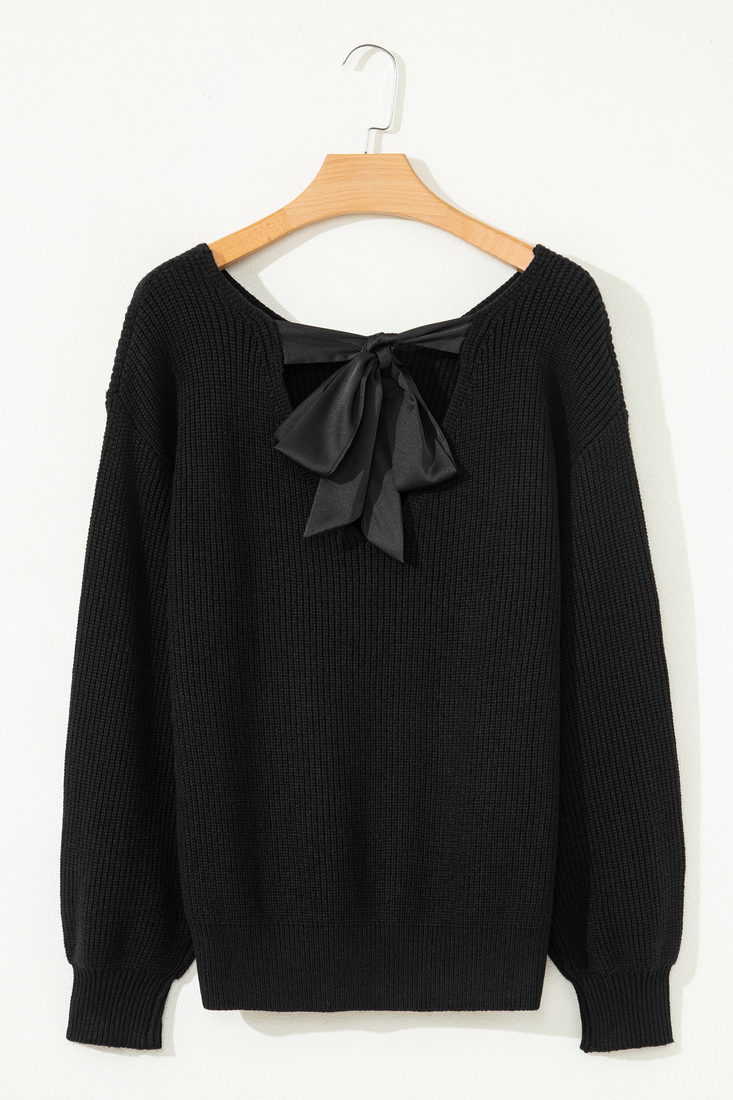 Ribbon Knot Backless Drop Shoulder Ribbed Sweater