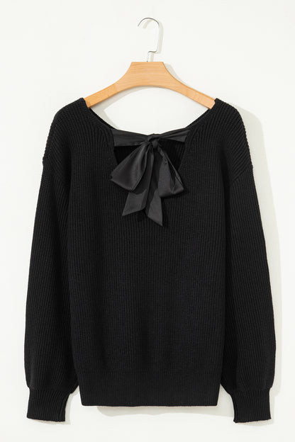 Ribbon Knot Backless Drop Shoulder Ribbed Sweater