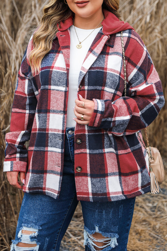 Plaid Button-Up Hooded Jacket Plus Size