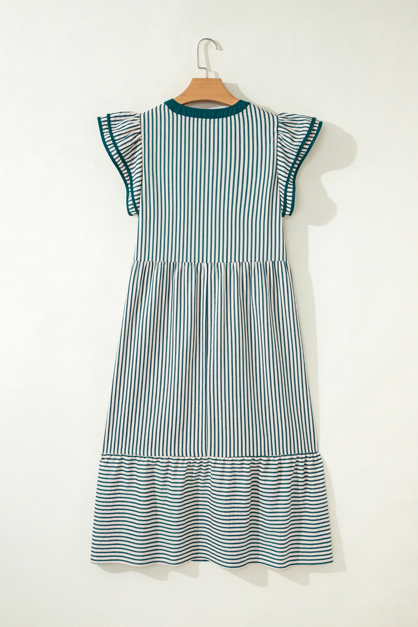 Stripe Ruffle Short Sleeve V-Neck Midi Dress