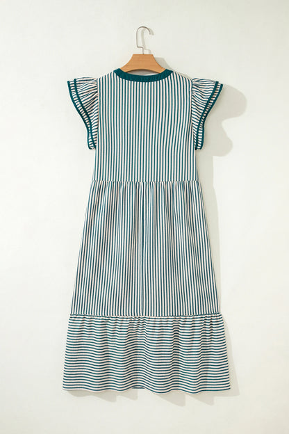 Stripe Ruffle Short Sleeve V-Neck Midi Dress