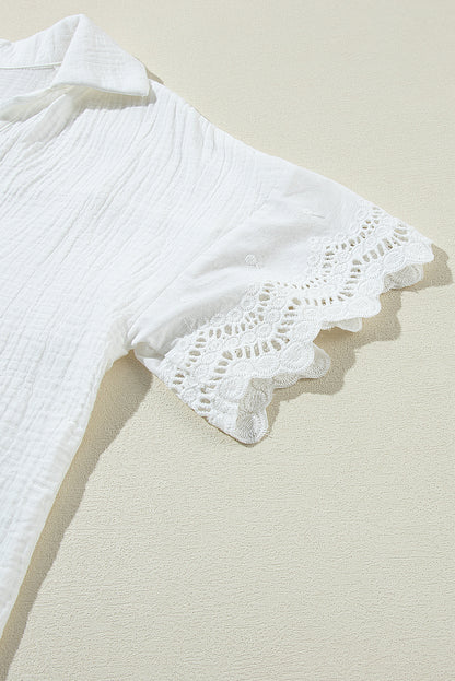Embroidered Eyelet Crinkled Gauze Collared V-Neck Blouse