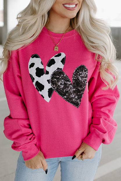 Cow & Sequin Double Heart Sweatshirt