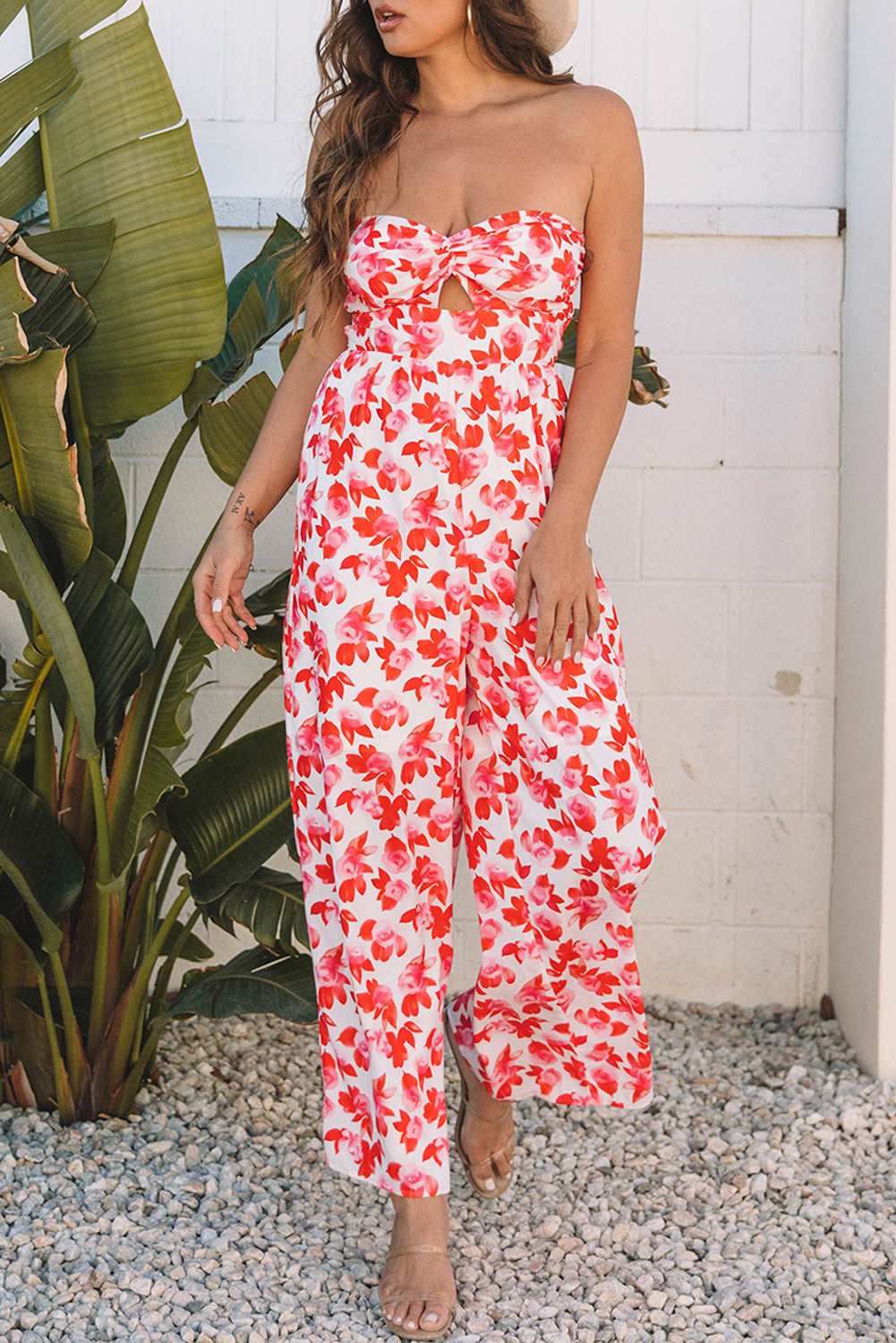 Pink Floral Print Twisted Bandeau Keyhole Pleated Wide Leg Jumpsuit