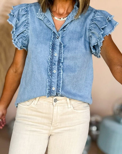 Denim Ruffle Frayed Buttoned Top