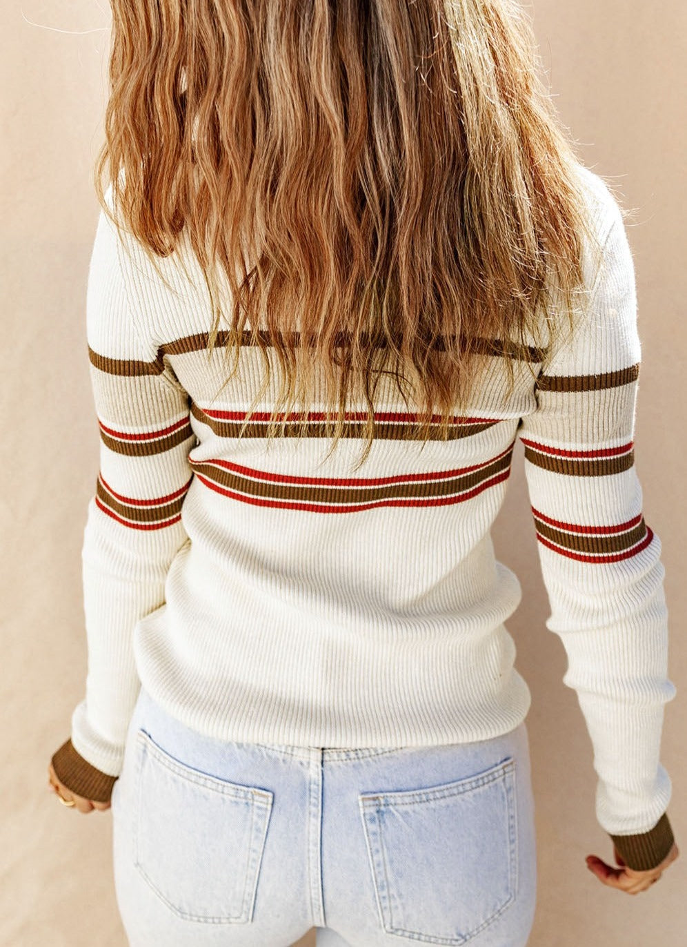 Stripe Ribbed Henley Collared Sweater