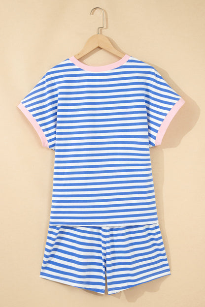 Stripe Crewneck Tee & Tie Waist Shorts Set